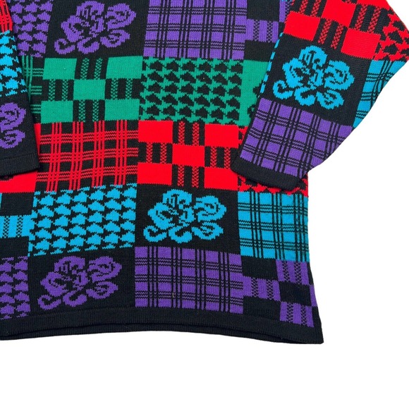 Vintage 80s Mixed Print Floral Colorblock Crewneck Sweater USA Womens L Large - Picture 4 of 6